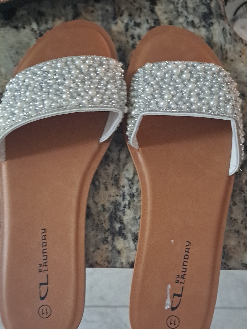 CL by Laundry Tan Slide Sandals with Pearl-Embellished White Strap